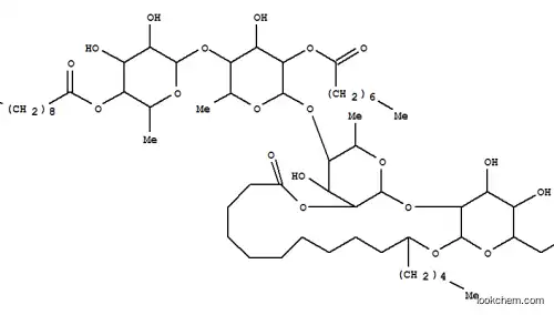Molecular Structure of 151336-02-6 (Hexadecanoic acid,11-[[O-6-deoxy-4-O-(1-oxodecyl)-a-L-mannopyranosyl-(1®4)-O-6-deoxy-2-O-(1-oxooctyl)-a-L-mannopyranosyl-(1®4)-O-6-deoxy-a-L-mannopyranosyl-(1®2)-b-D-glucopyranosyl]oxy]-,intramol. 1,2''-ester, (11S)- (9CI))