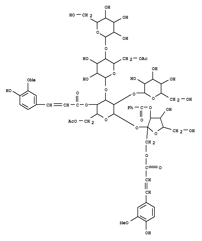 Molecular Structure of 151466-60-3 (a-D-Glucopyranoside,3-O-benzoyl-1-O-[(2E)-3-(4-hydroxy-3-methoxyphenyl)-1-oxo-2-propenyl]-b-D-fructofuranosyl O-b-D-glucopyranosyl-(1®2)-O-[O-b-D-glucopyranosyl-(1®4)-6-O-acetyl-b-D-glucopyranosyl-(1®3)]-, 6-acetate4-[(2E)-3-(4-hydroxy-3-methoxyphenyl)-2-propenoate] (9CI))