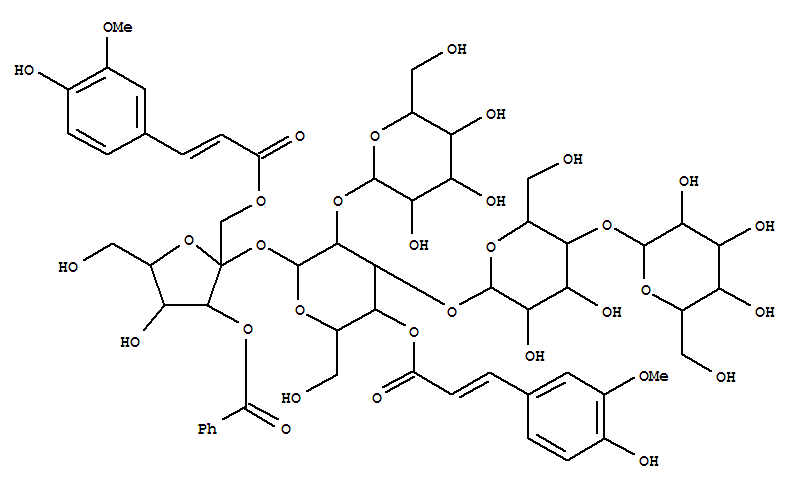 Molecular Structure of 151466-63-6 (a-D-Glucopyranoside,3-O-benzoyl-1-O-[(2E)-3-(4-hydroxy-3-methoxyphenyl)-1-oxo-2-propenyl]-b-D-fructofuranosyl O-b-D-glucopyranosyl-(1®2)-O-[O-b-D-glucopyranosyl-(1®4)-b-D-glucopyranosyl-(1®3)]-,4-[(2E)-3-(4-hydroxy-3-methoxyphenyl)-2-propenoate] (9CI))