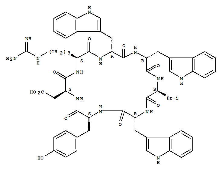 Molecular Structure of 151516-19-7 (Cyclo(L-arginyl-D-tryptophyl-D-tryptophyl-L-valyl-D-tryptophyl-L-tyrosyl-L-a-aspartyl) (9CI))