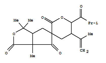 Molecular Structure of 151592-71-1 (Spiro[1H-cyclopenta[c]furan-5(3H),3'(4'H)-[2H]pyran]-1,2',6(4H)-trione,tetrahydro-3,3,6a-trimethyl-5'-(1-methylethenyl)-6'-(2-methyl-1-oxopropyl)-,(3'R,3aR,5'S,6'S,6aR)- (9CI))