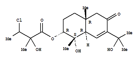 Molecular Structure of 151637-40-0 (Butanoic acid,3-chloro-2-hydroxy-2-methyl-,(1S,2R,4aR,8aR)-1,2,3,4,4a,5,6,8a-octahydro-1-hydroxy-7-(1-hydroxy-1-methylethyl)-1,4a-dimethyl-6-oxo-2-naphthalenylester)