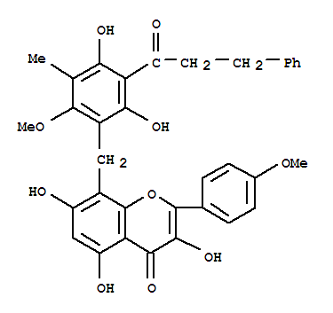 Molecular Structure of 152246-60-1 (4H-1-Benzopyran-4-one,8-[[2,4-dihydroxy-6-methoxy-5-methyl-3-(1-oxo-3-phenylpropyl)phenyl]methyl]-3,5,7-trihydroxy-2-(4-methoxyphenyl)-)