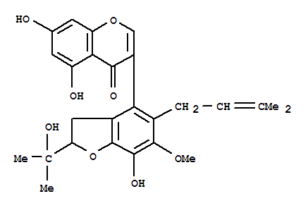 Molecular Structure of 152323-69-8 (4H-1-Benzopyran-4-one,3-[2,3-dihydro-7-hydroxy-2-(1-hydroxy-1-methylethyl)-6-methoxy-5-(3-methyl-2-buten-1-yl)-4-benzofuranyl]-5,7-dihydroxy-,stereoisomer)