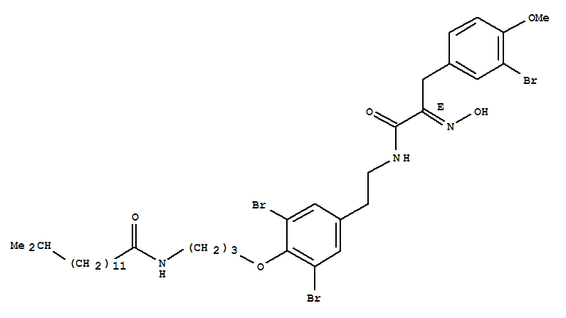 Molecular Structure of 152606-62-7 (Benzenepropanamide,3-bromo-N-[2-[3,5-dibromo-4-[3-[(13-methyl-1-oxotetradecyl)amino]propoxy]phenyl]ethyl]-a-(hydroxyimino)-4-methoxy-, (aE)-)