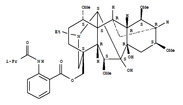 Molecular Structure of 152606-88-7 (Aconitane-7,8-diol,20-ethyl-1,6,14,16-tetramethoxy-4-[[[2-[(2-methyl-1-oxopropyl)amino]benzoyl]oxy]methyl]-,(1a,6b,14a,16b)- (9CI))