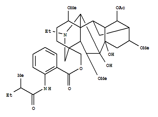 Molecular Structure of 152606-89-8 (Aconitane-7,8,14-triol,20-ethyl-1,6,16-trimethoxy-4-[[[2-[(2-methyl-1-oxobutyl)amino]benzoyl]oxy]methyl]-,14-acetate, (1a,6b,14a,16b)-)