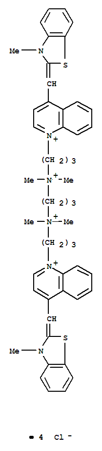 Molecular Structure of 153087-68-4 (Quinolinium,1,1'-[1,3-propanediylbis[(dimethyliminio)-3,1-propanediyl]]bis[4-[(3-methyl-2(3H)-benzothiazolylidene)methyl]-,tetrachloride (9CI))