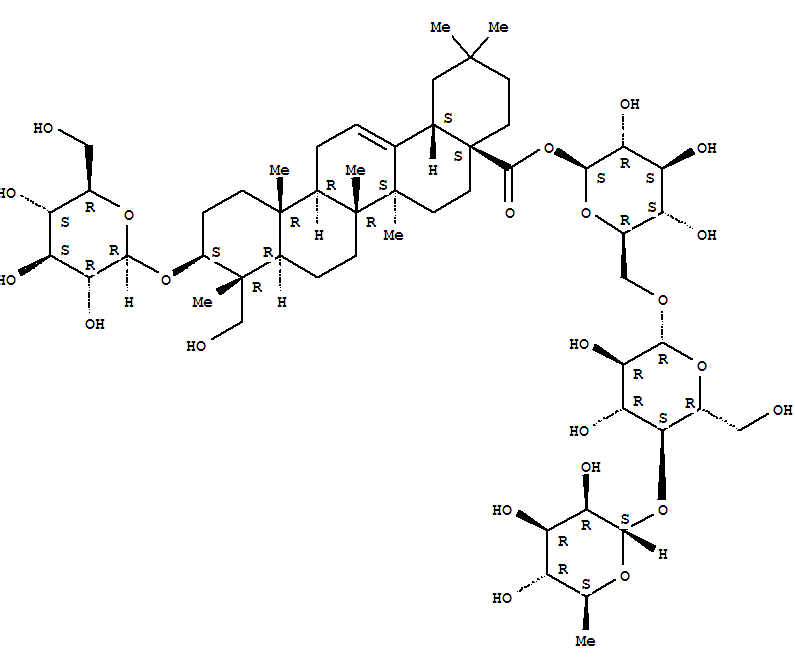 Molecular Structure of 153118-56-0 (Olean-12-en-28-oicacid, 3-(b-D-glucopyranosyloxy)-23-hydroxy-,O-6-deoxy-a-L-mannopyranosyl-(1®4)-O-b-D-glucopyranosyl-(1®6)-b-D-glucopyranosyl ester, (3b,4a)-)