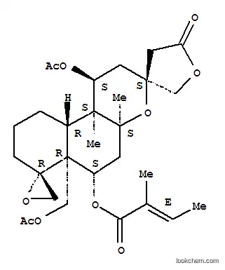 Molecular Structure of 153415-40-8 (2-Butenoic acid,2-methyl-,(1'S,2''R,3S,4'aS,6'S,6'aR,10'aR,10'bS)-1'-(acetyloxy)-6'a-[(acetyloxy)methyl]dodecahydro-4'a,10'b-dimethyl-5-oxodispiro[furan-3(2H),3'-[3H]naphtho[2,1-b]pyran-7'(2'H),2''-oxiran]-6'-ylester, (2E)- (9CI))