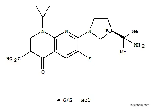 Molecular Structure of 153566-55-3 (7-[(3R)-3-(1-amino-1-methyl-ethyl)pyrrolidin-1-yl]-1-cyclopropyl-6-fluoro-4-oxo-1,8-naphthyridine-3-carboxylic acid hexahydrochloride)