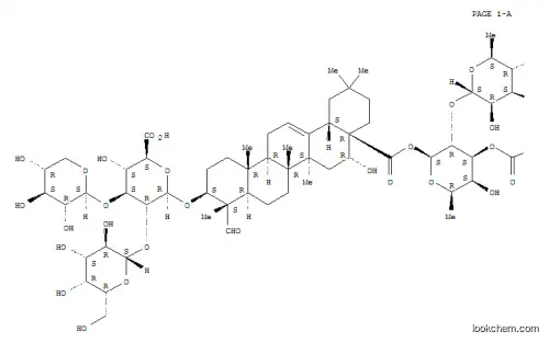 Molecular Structure of 154335-27-0 (b-D-Glucopyranosiduronic acid, (3b,4a,16a)-16-hydroxy-23,28-dioxo-28-[[O-b-D-xylopyranosyl-(1&reg;3)-O-b-D-xylopyranosyl-(1&reg;4)-O-6-deoxy-a-L-mannopyranosyl-(1&reg;2)-3-O-[(3S,5S,6S)-5-[[(3S,5S,6S)-5-(a-L-arabinofuranosyloxy)-3-hydroxy-6-methyl-1-oxooctyl]oxy]-3-hydroxy-6-methyl-1-oxooctyl]-6-deoxy-b-D-galactopyranosyl]oxy]olean-12-en-3-ylO-b-D-galactopyranosyl-(1&reg;2)-O-[b-D-xylopyranosyl-(1&reg;3)]-)