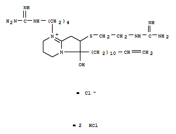Molecular Structure of 155070-22-7 (Pyrrolo[1,2-a]pyrimidinium,1-[4-[(aminoiminomethyl)amino]butyl]-7-[[2-[(aminoiminomethyl)amino]ethyl]thio]-6-(11-dodecenyl)-2,3,4,6,7,8-hexahydro-6-hydroxy-,chloride, dihydrochloride (9CI))
