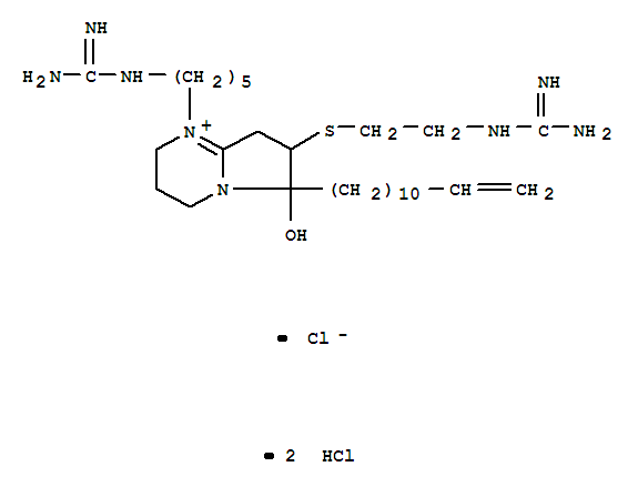 Molecular Structure of 155070-23-8 (Pyrrolo[1,2-a]pyrimidinium,7-[[2-[(aminoiminomethyl)amino]ethyl]thio]-1-[5-[(aminoiminomethyl)amino]pentyl]-6-(11-dodecenyl)-2,3,4,6,7,8-hexahydro-6-hydroxy-,chloride, dihydrochloride (9CI))