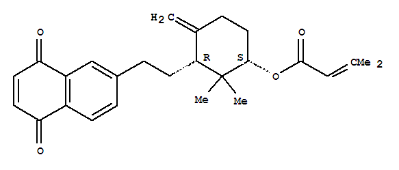 Molecular Structure of 155566-26-0 (2-Butenoic acid,3-methyl-,(1R,3S)-3-[2-(5,8-dihydro-5,8-dioxo-2-naphthalenyl)ethyl]-2,2-dimethyl-4-methylenecyclohexylester, rel-)