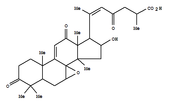 Molecular Structure of 155566-28-2 (Lanosta-9(11),20(22)-dien-26-oicacid, 7,8-epoxy-15-hydroxy-3,12,23-trioxo-, (7a,8a,15b,20E)- (9CI))