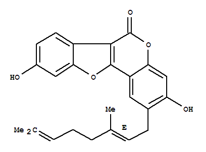 Molecular Structure of 155645-56-0 (6H-Benzofuro[3,2-c][1]benzopyran-6-one,2-[(2E)-3,7-dimethyl-2,6-octadien-1-yl]-3,9-dihydroxy-)