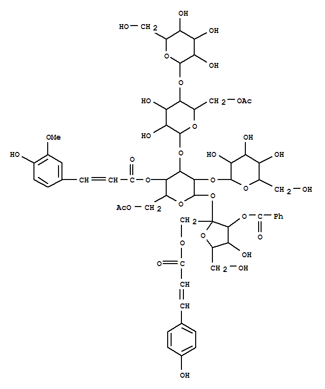 Molecular Structure of 156250-46-3 (a-D-Glucopyranoside,3-O-benzoyl-1-O-[(2E)-3-(4-hydroxyphenyl)-1-oxo-2-propenyl]-b-D-fructofuranosyl O-b-D-glucopyranosyl-(1®2)-O-[O-b-D-glucopyranosyl-(1®4)-6-O-acetyl-b-D-glucopyranosyl-(1®3)]-, 6-acetate4-[(2E)-3-(4-hydroxy-3-methoxyphenyl)-2-propenoate] (9CI))