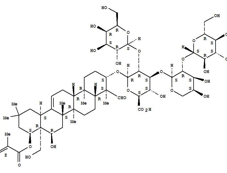 Molecular Structure of 156250-57-6 (b-D-Glucopyranosiduronic acid, (3b,4a,16a,22a)-16,28-dihydroxy-22-[[(2Z)-2-methyl-1-oxo-2-butenyl]oxy]-23-oxoolean-12-en-3-ylO-b-D-galactopyranosyl-(1®2)-O-[O-b-D-glucopyranosyl-(1®2)-a-L-arabinopyranosyl-(1®3)]- (9CI))