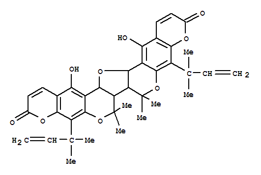 Molecular Structure of 156525-09-6 (3H,7H,8H,12H-Dipyrano[3,2-g:3',2'-g']furo[3,2-c:4,5-c']bis[1]benzopyran-3,12-dione,5,10-bis(1,1-dimethyl-2-propenyl)-7a,7b,15b,16a-tetrahydro-15,17-dihydroxy-7,7,8,8-tetramethyl-,(7aR,7bR,15bR,16aS)-rel- (9CI))