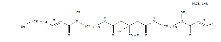 Molecular Structure of 156737-07-4 (Butanoic acid,2-hydroxy-4-[[3-[hydroxy[(2E)-1-oxo-2-octen-1-yl]amino]propyl]amino]-2-[2-[[3-[hydroxy[(2E)-1-oxo-2-octen-1-yl]amino]propyl]amino]-2-oxoethyl]-4-oxo-)