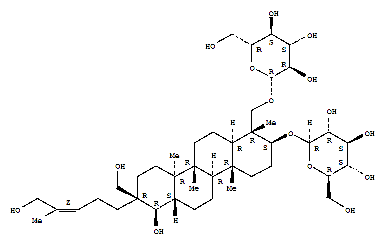 Molecular Structure of 156765-13-8 (b-D-Glucopyranoside,(1R,2S,4aR,4bR,6aS,7R,8R,10aR,10bR,12aR)-1-[(b-D-glucopyranosyloxy)methyl]octadecahydro-7-hydroxy-8-(hydroxymethyl)-8-[(3Z)-5-hydroxy-4-methyl-3-pentenyl]-1,4a,10a,10b-tetramethyl-2-chrysenyl(9CI))