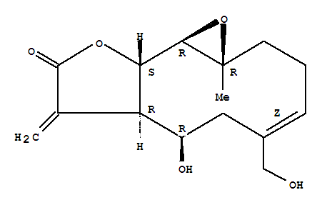Molecular Structure of 156765-34-3 (Oxireno[9,10]cyclodeca[1,2-b]furan-9(1aH)-one,2,3,6,7,7a,8,10a,10b-octahydro-7-hydroxy-5-(hydroxymethyl)-1a-methyl-8-methylene-,(1aR,4Z,7R,7aR,10aS,10bR)-)