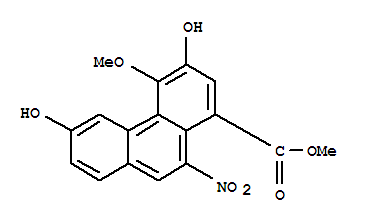 Molecular Structure of 157207-61-9 (1-Phenanthrenecarboxylicacid, 3,6-dihydroxy-4-methoxy-10-nitro-, methyl ester)