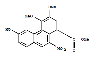 Molecular Structure of 157207-62-0 (1-Phenanthrenecarboxylicacid, 6-hydroxy-3,4-dimethoxy-10-nitro-, methyl ester)