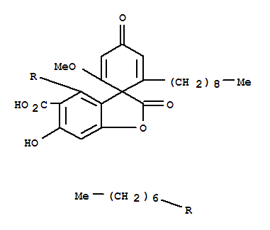 Molecular Structure of 157240-21-6 (Spiro[benzofuran-3(2H),1'-[2,5]cyclohexadiene]-5-carboxylicacid, 4-heptyl-6-hydroxy-2'-methoxy-6'-nonyl-2,4'-dioxo- (9CI))