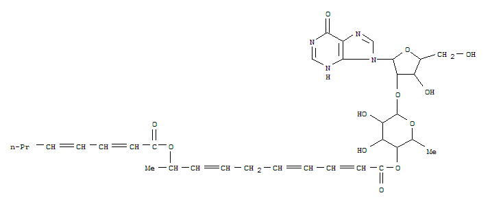 Molecular Structure of 157379-43-6 (Inosine,2'-O-[6-deoxy-4-O-[(2E,4E,7Z,9S)-1-oxo-9-[[(2Z,4E)-1-oxo-2,4-octadienyl]oxy]-2,4,7-decatrienyl]-a-L-galactopyranosyl]- (9CI))