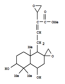 Molecular Structure of 157878-19-8 (2-Oxiraneacetic acid, a-[2-[(1R,2R,4R,4aR,6S,8aS)-octahydro-4,6-dihydroxy-5,5,8a-trimethylspiro[naphthalene-2(1H),2'-oxiran]-1-yl]ethylidene]-,methyl ester, (aE)-)