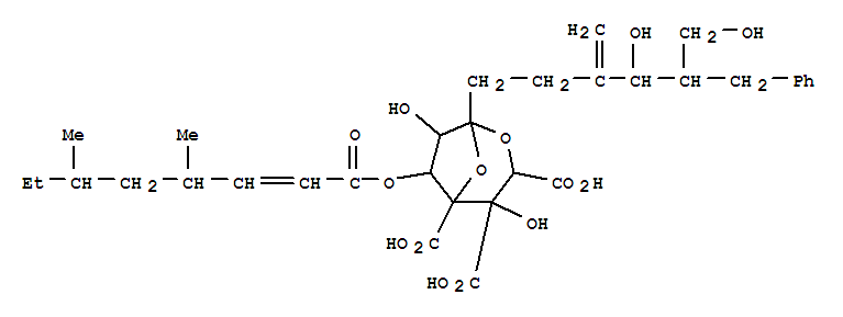 Molecular Structure of 158111-72-9 (L-glycero-D-altro-7-Trideculo-7,4-furanosonicacid,2,7-anhydro-3,4-di-C-carboxy-8,9,10,12-tetradeoxy-10-methylene-12-(phenylmethyl)-,5-[(2E,4S,6S)-4,6-dimethyl-2-octenoate], (7S,11x,12x)- (9CI))