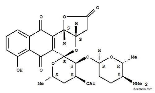 Molecular Structure of 158268-23-6 (Spiro[5H-furo[3,2-b]naphtho[2,3-d]pyran-5,2'-[2H]pyran]-2,6,11(3H)-trione,4'-(acetyloxy)-3'-[[5-(dimethylamino)tetrahydro-6-methyl-2H-pyran-2-yl]oxy]-3',3a,4',5',6',11b-hexahydro-7-hydroxy-6'-methyl-,[2'R-[2'a(3aR*,11bR*),3'a(2R*,5S*,6R*),4'a,6'b]]- (9CI))