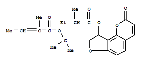 Molecular Structure of 158446-39-0 (2-Butenoic acid,2-methyl-,1-[8,9-dihydro-9-(2-methyl-1-oxobutoxy)-2-oxo-2H-furo[2,3-h]-1-benzopyran-8-yl]-1-methylethylester (9CI))