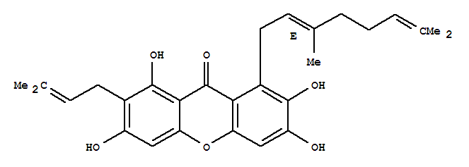 Molecular Structure of 158511-56-9 (9H-Xanthen-9-one,1-[(2E)-3,7-dimethyl-2,6-octadien-1-yl]-2,3,6,8-tetrahydroxy-7-(3-methyl-2-buten-1-yl)-)