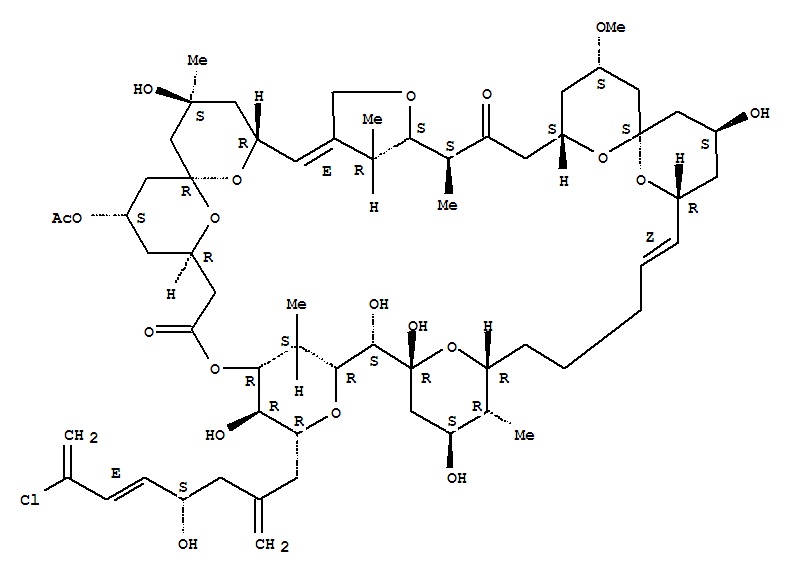 Molecular Structure of 158734-19-1 (9,35,39,46,48,49,50,52-Octaoxaoctacyclo[40.3.1.11,5.17,10.114,18.118,22.128,32.134,38]dopentaconta-6,23-diene-12,40-dione,44-(acetyloxy)-36-[(4S,5E)-7-chloro-4-hydroxy-2-methylene-5,7-octadienyl]-3,20,30,32,33,37-hexahydroxy-16-methoxy-3,11,29,47,51-pentamethyl-,(1R,3S,5R,6E,10S,11S,14S,16S,18S,20S,22R,23Z,28R,29R,30S,32R,33S,34R,36R,37R,38R,42R,44S,47S,51R)-(9CI))