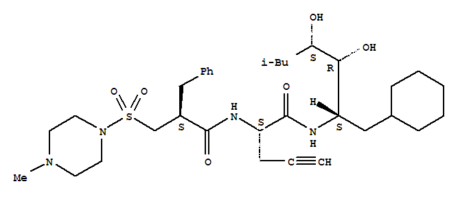 Molecular Structure of 159005-44-4 (Benzenepropanamide,N-[(1S)-1-[[[(1S,2R,3S)-1-(cyclohexylmethyl)-2,3-dihydroxy-5-methylhexyl]amino]carbonyl]-3-butyn-1-yl]-a-[[(4-methyl-1-piperazinyl)sulfonyl]methyl]-,(aS)-)