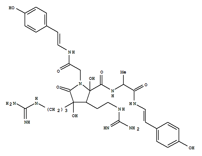 Molecular Structure of 160072-37-7 (L-Alaninamide, (2a,3a,4a)-3-[2-[(aminoiminomethyl)amino]ethyl]-4-[3-[(aminoiminomethyl)amino]propyl]-2,4-dihydroxy-1-[2-[[(1E)-2-(4-hydroxyphenyl)ethenyl]amino]-2-oxoethyl]-5-oxoprolyl-N-[(1E)-2-(4-hydroxyphenyl)ethenyl]-(9CI))