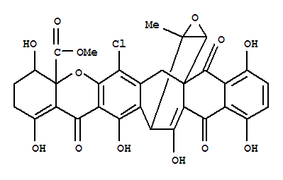 Molecular Structure of 160169-59-5 (4aH-7a,15-endo-Oxiranonaphtho[2',3':4,5]cyclohepta[1,2-b]xanthene-4a-carboxylicacid,6-chloro-2,3,4,7,8,13,15,17-octahydro-1,4,9,12,14,16-hexahydroxy-18-methyl-8,13,17-trioxo-,methyl ester, (4R,4aR,7aR,15R,18R,20S)- (9CI))