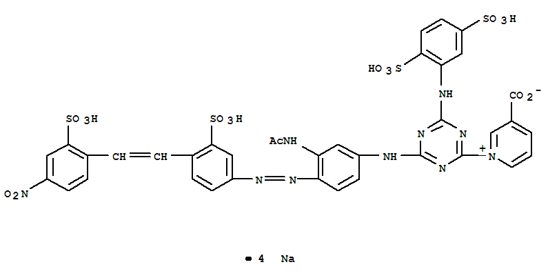 Molecular Structure of 160170-74-1 (Pyridinium,1-[4-[[3-(acetylamino)-4-[2-[4-[2-(4-nitro-2-sulfophenyl)ethenyl]-3-sulfophenyl]diazenyl]phenyl]amino]-6-[(2,5-disulfophenyl)amino]-1,3,5-triazin-2-yl]-3-carboxy-,inner salt, sodium salt (1:4))