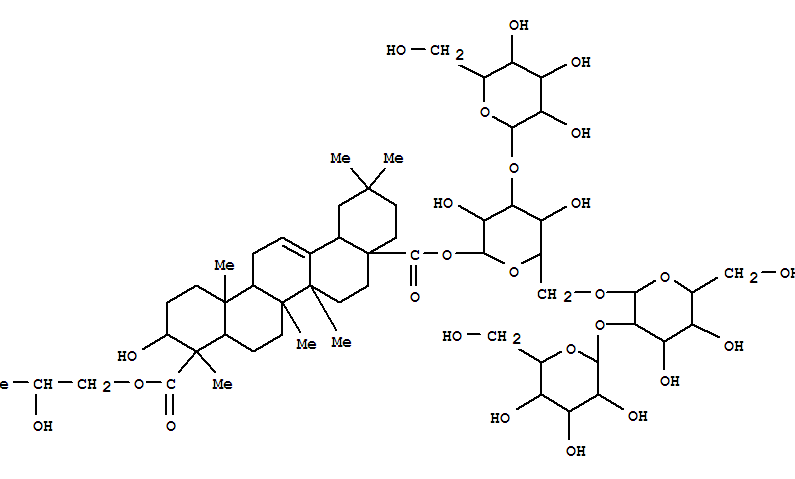 Molecular Structure of 160492-59-1 (Olean-12-ene-23,28-dioicacid, 3-hydroxy-, 28-(O-b-D-glucopyranosyl-(1®3)-O-[O-b-D-glucopyranosyl-(1®2)-b-D-glucopyranosyl-(1®6)]-b-D-glucopyranosyl) 23-[(2S)-2-hydroxypropyl] ester, (3b,4a)- (9CI))