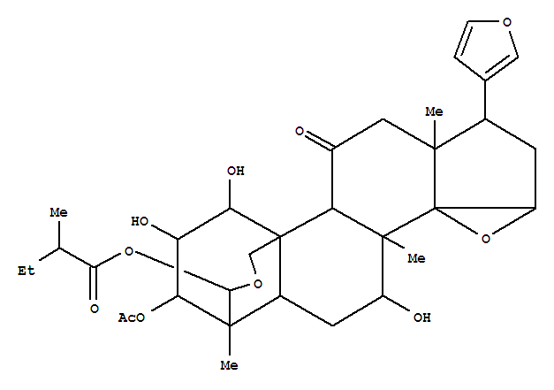 Molecular Structure of 160955-45-3 (24-Norchola-20,22-diene-4-carboxaldehyde,3-(acetyloxy)-14,15:21,23-diepoxy-1,2,7,19-tetrahydroxy-4,8-dimethyl-11-oxo-,cyclic 4,19-(2-methyl-1-oxobutyl acetal), (1a,2a,3a,4b,5a,7a,13a,14b,15b,17a)- (9CI))