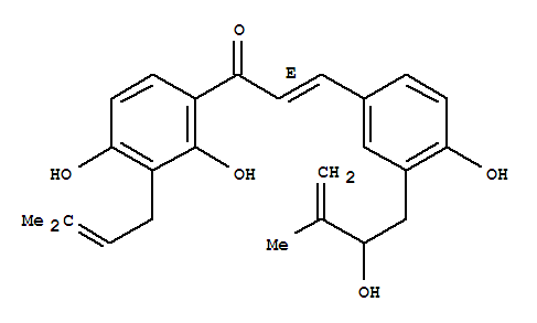 Molecular Structure of 161099-59-8 (2-Propen-1-one,1-[2,4-dihydroxy-3-(3-methyl-2-buten-1-yl)phenyl]-3-[4-hydroxy-3-(2-hydroxy-3-methyl-3-buten-1-yl)phenyl]-,(2E)-(-)-)