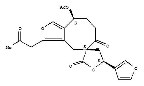 Molecular Structure of 161162-27-2 (Spiro[cycloocta[c]furan-5(4H),3'(2'H)-furan]-2',6(7H)-dione,9-(acetyloxy)-5'-(3-furanyl)-4',5',8,9-tetrahydro-3-(2-oxopropyl)-,(3'S,5'S,9S)- (9CI))