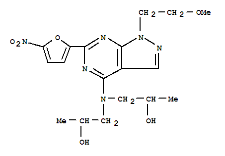 Molecular Structure of 16186-18-8 (2-Propanol,1,1'-[[1-(2-methoxyethyl)-6-(5-nitro-2-furanyl)-1H-pyrazolo[3,4-d]pyrimidin-4-yl]imino]bis-)
