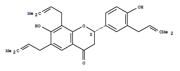 Molecular Structure of 162382-67-4 (4H-1-Benzopyran-4-one,2,3-dihydro-7-hydroxy-2-[4-hydroxy-3-(3-methyl-2-buten-1-yl)phenyl]-6,8-bis(3-methyl-2-buten-1-yl)-,(2S)-)