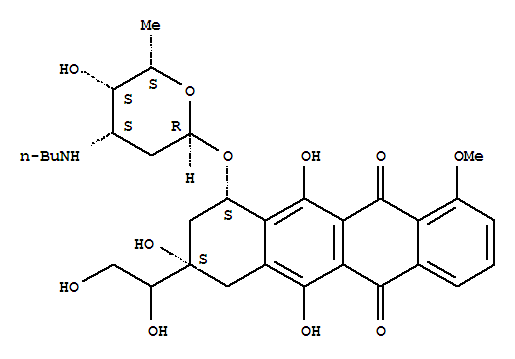 Molecular Structure of 162382-75-4 (5,12-Naphthacenedione,10-[[3-(butylamino)-2,3,6-trideoxy-a-L-lyxo-hexopyranosyl]oxy]-8-(1,2-dihydroxyethyl)-7,8,9,10-tetrahydro-6,8,11-trihydroxy-1-methoxy-(9CI))