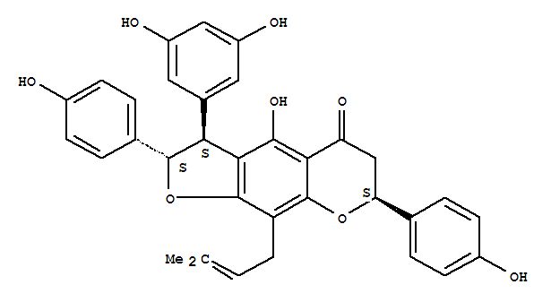 Molecular Structure of 162558-90-9 (5H-Furo[3,2-g][1]benzopyran-5-one,3-(3,5-dihydroxyphenyl)-2,3,6,7-tetrahydro-4-hydroxy-2,7-bis(4-hydroxyphenyl)-9-(3-methyl-2-buten-1-yl)-,(2S,3S,7S)-)