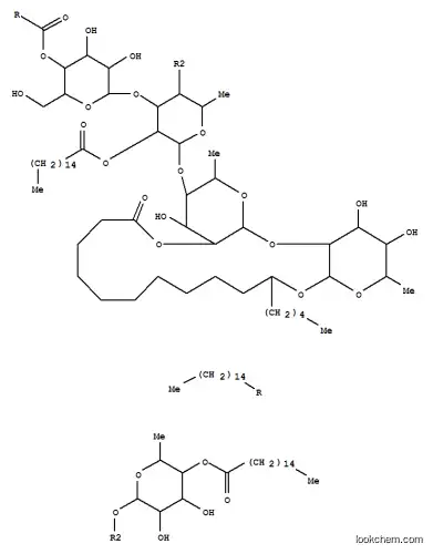 Molecular Structure of 162666-22-0 (Hexadecanoic acid,11-[[O-6-deoxy-4-O-(1-oxohexadecyl)-a-L-mannopyranosyl-(1®4)-O-[4-O-(1-oxohexadecyl)-b-D-glucopyranosyl-(1®3)]-O-6-deoxy-2-O-(1-oxohexadecyl)-a-L-mannopyranosyl-(1®4)-O-6-deoxy-a-L-mannopyranosyl-(1®2)-6-deoxy-b-D-galactopyranosyl]oxy]-,intramol. 1,2''-ester, (11S)- (9CI))